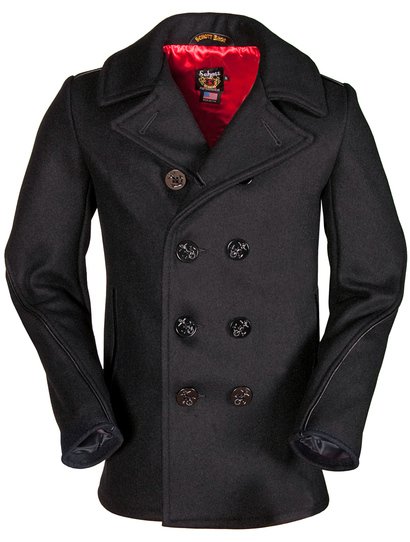 740C - Classic Wool Naval Pea Coat with Leather Trim (Slim Fit)